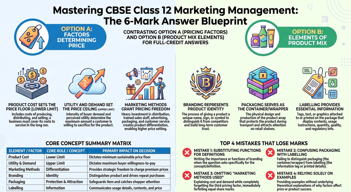 Marketing Management Class 12: 6-Mark Questions on Pricing, Branding, Packaging & Labelling — marking scheme infographic
