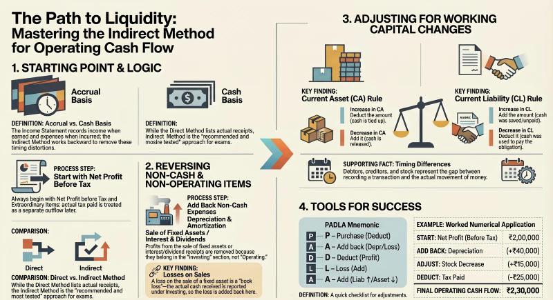 Cash Flow Statement Indirect Method: Operating Activities Step by Step — Class 12 Accountancy — Comprehensive visual summary and infographic