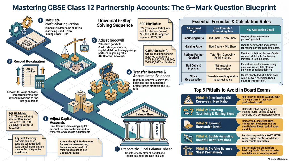 Partnership Accounts 6-Mark Questions Class 12: Reconstitution, Admission & Retirement — marking scheme infographic