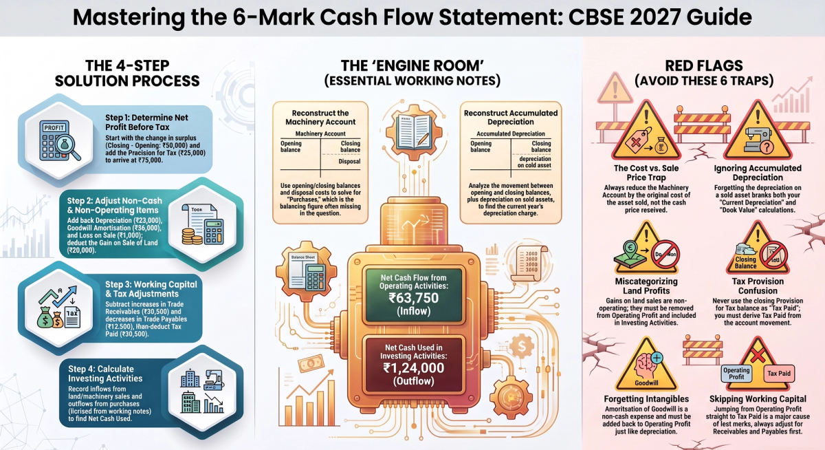 Cash Flow Statement Class 12: CBSE 2027 Sample Paper Q34 Solved Step by Step — Concept visual breakdown and marking scheme infographic