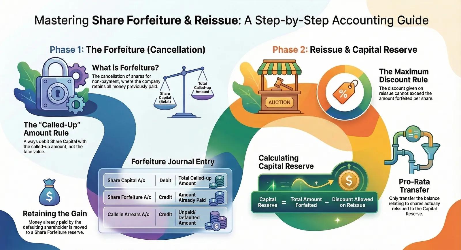 Forfeiture & Reissue of Shares: Journal Entries, Capital Reserve Calculation — Class 12 Accountancy — Comprehensive visual summary and infographic