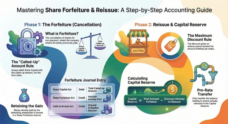 Forfeiture & Reissue of Shares: Journal Entries, Capital Reserve Calculation — Class 12 Accountancy — Comprehensive visual summary and infographic