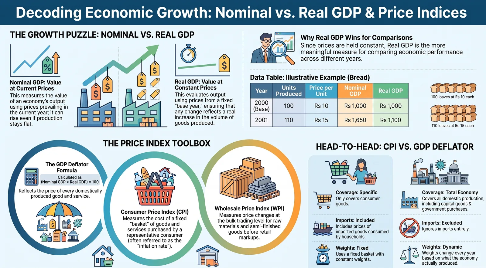 Nominal vs Real GDP, GDP Deflator, CPI & WPI Explained | Class 12 Economics