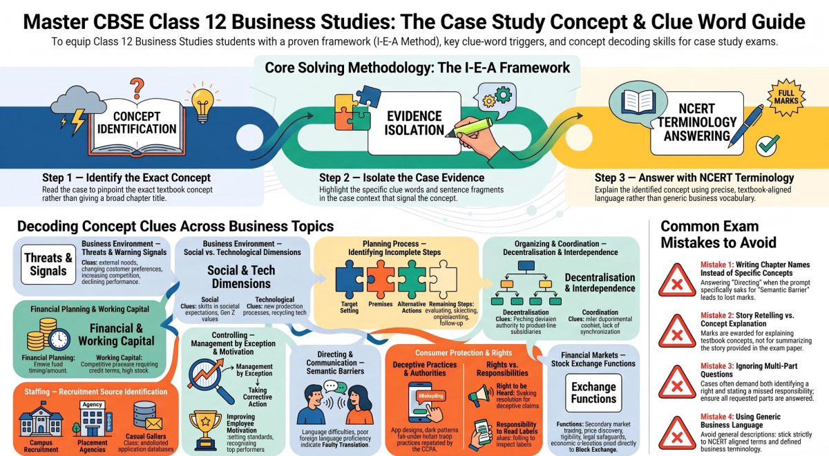 Class 12 Business Studies Case Study Questions 2027: Official CBSE SQP Explained — Concept visual breakdown and marking scheme infographic