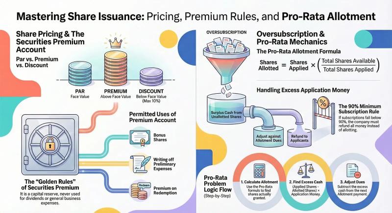 Issue of Shares: At Par, Premium & Discount — Plus Oversubscription & Pro-Rata Allotment — Comprehensive visual summary and infographic
