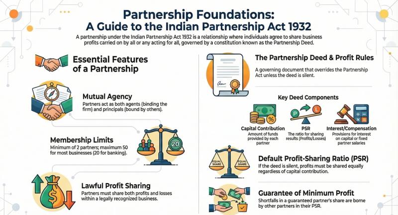 Partnership Firms Explained: Key Features, Partnership Deed & Profit Sharing — CBSE Class 12 & CA Foundation — Comprehensive visual summary and infographic