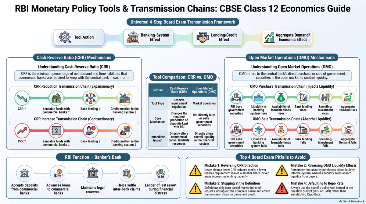 RBI, CRR & Open Market Operations Class 12 Economics: CBSE 2027 Questions — Concept visual breakdown and marking scheme infographic
