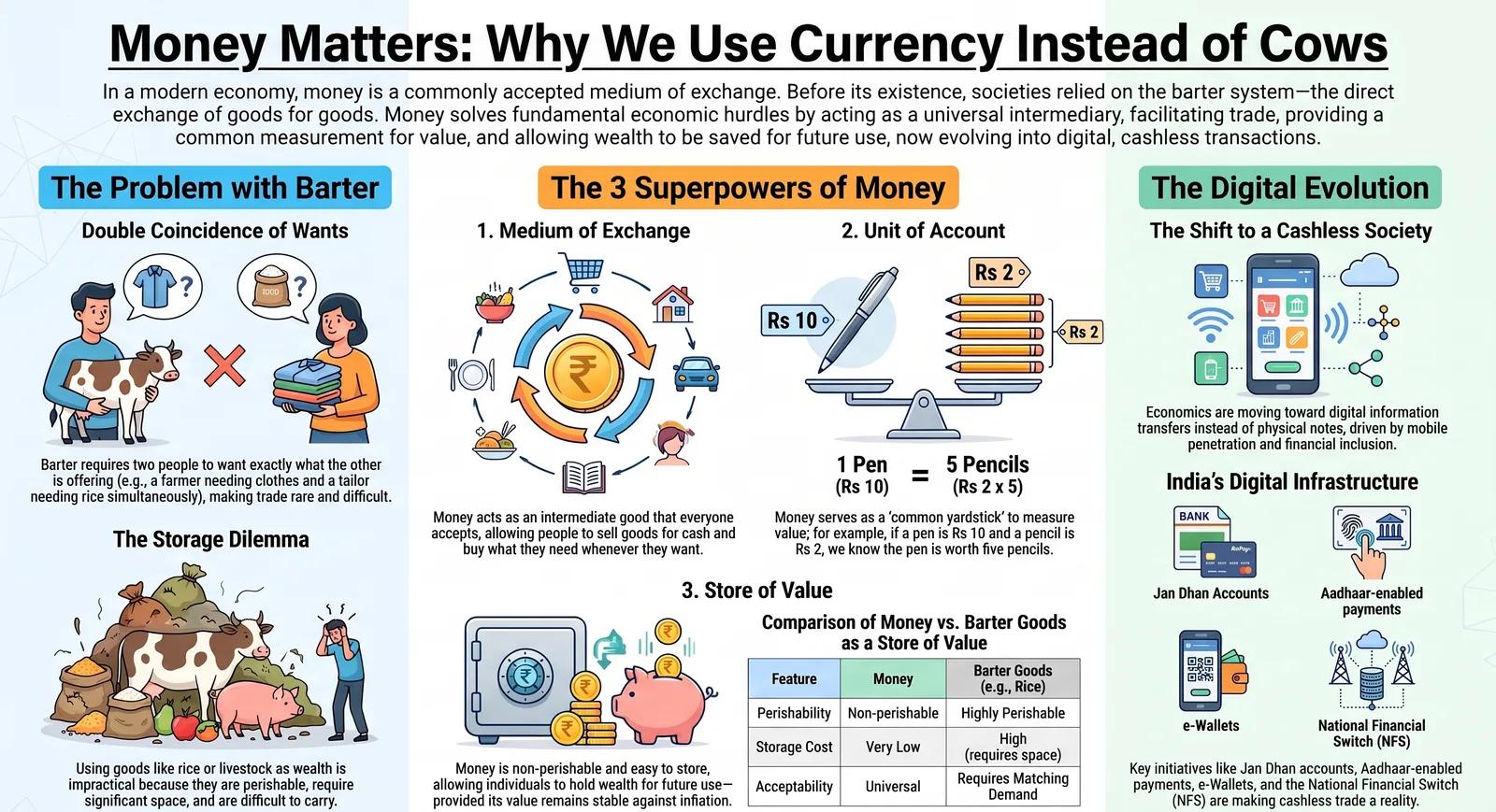 Functions of Money in Economics: Medium of Exchange, Unit of Account & Store of Value Explained