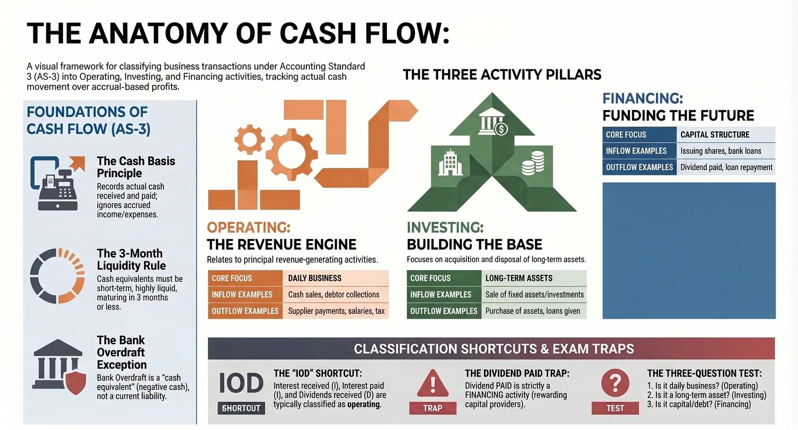 Cash Flow Statement: What It Is & How the Three Activities Are Classified — CBSE Class 12 — Comprehensive visual summary and infographic