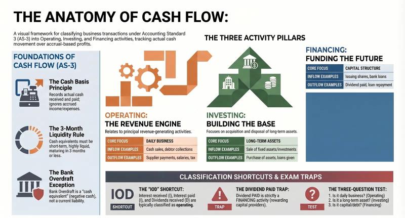 Cash Flow Statement: What It Is & How the Three Activities Are Classified — CBSE Class 12 — Comprehensive visual summary and infographic