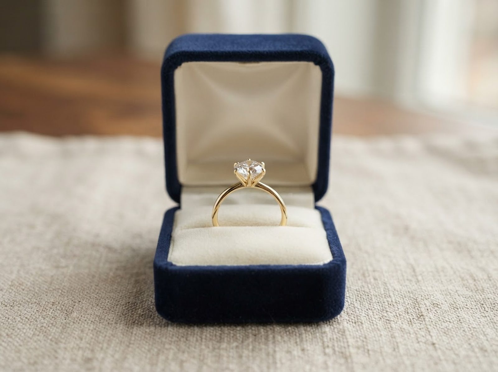 Yellow gold solitaire engagement ring with a round brilliant diamond in a navy velvet ring box