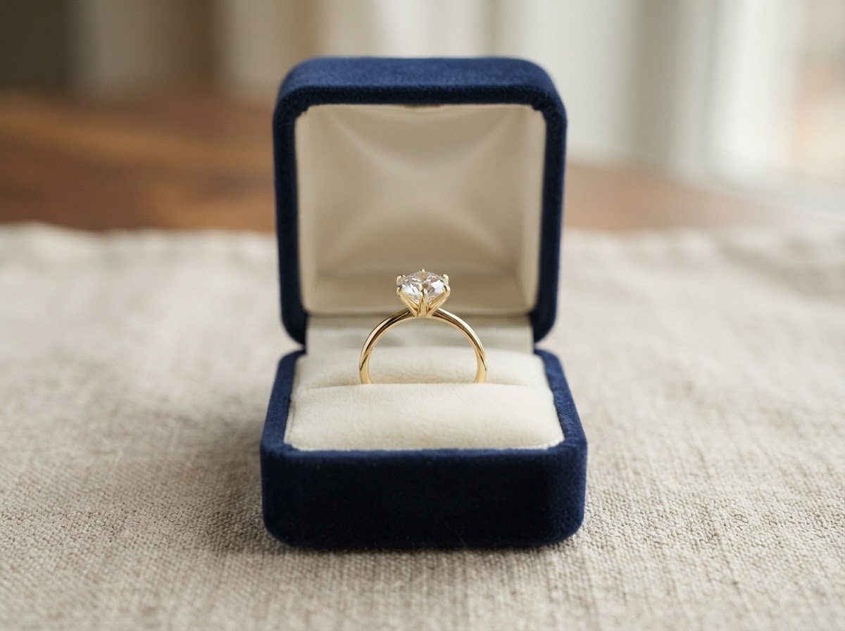Yellow gold solitaire engagement ring with a round brilliant diamond in a navy velvet ring box