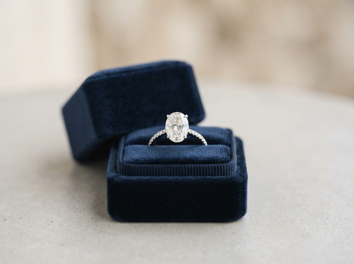 White gold engagement ring with an oval diamond and a pavé band in a navy velvet ring box