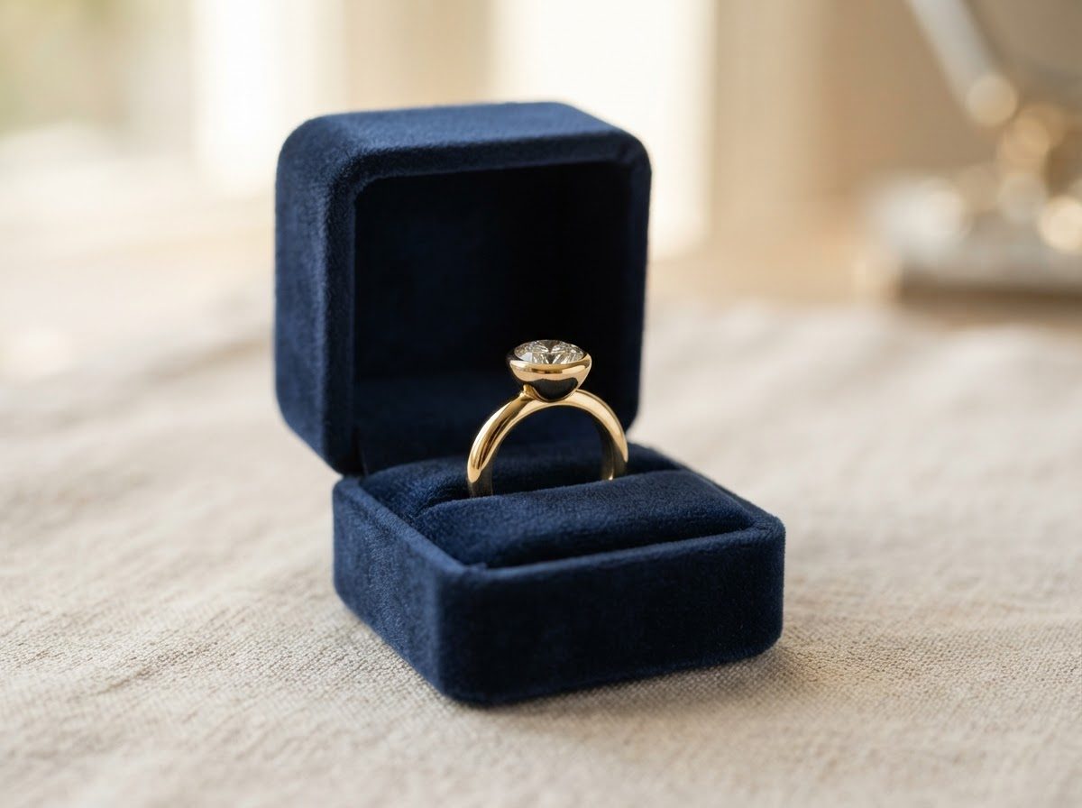 Yellow gold engagement ring with a bezel-set round diamond on a thick band in a navy velvet ring box