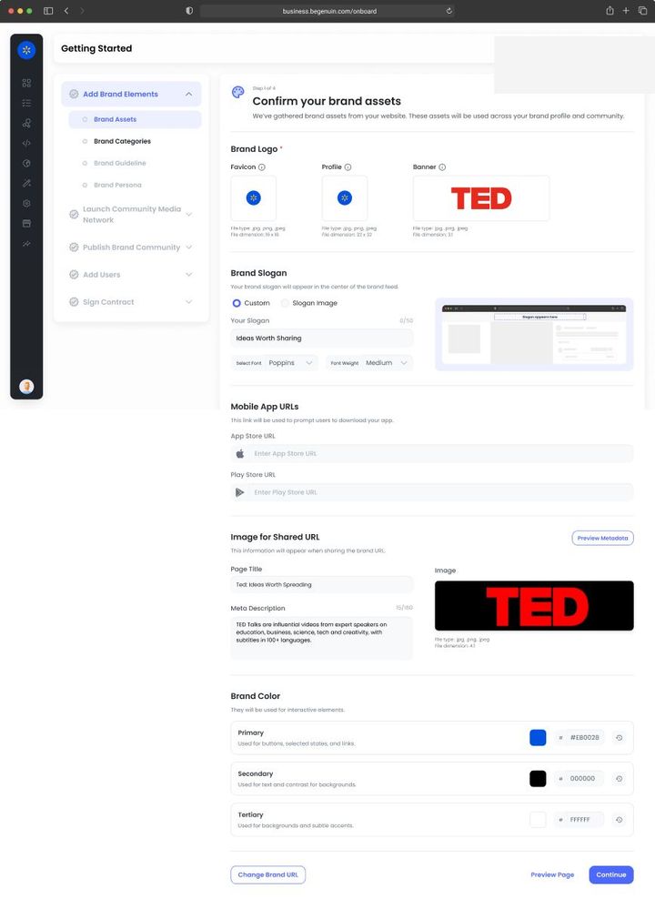 Set your brand identity: name, logo, colors, and voice