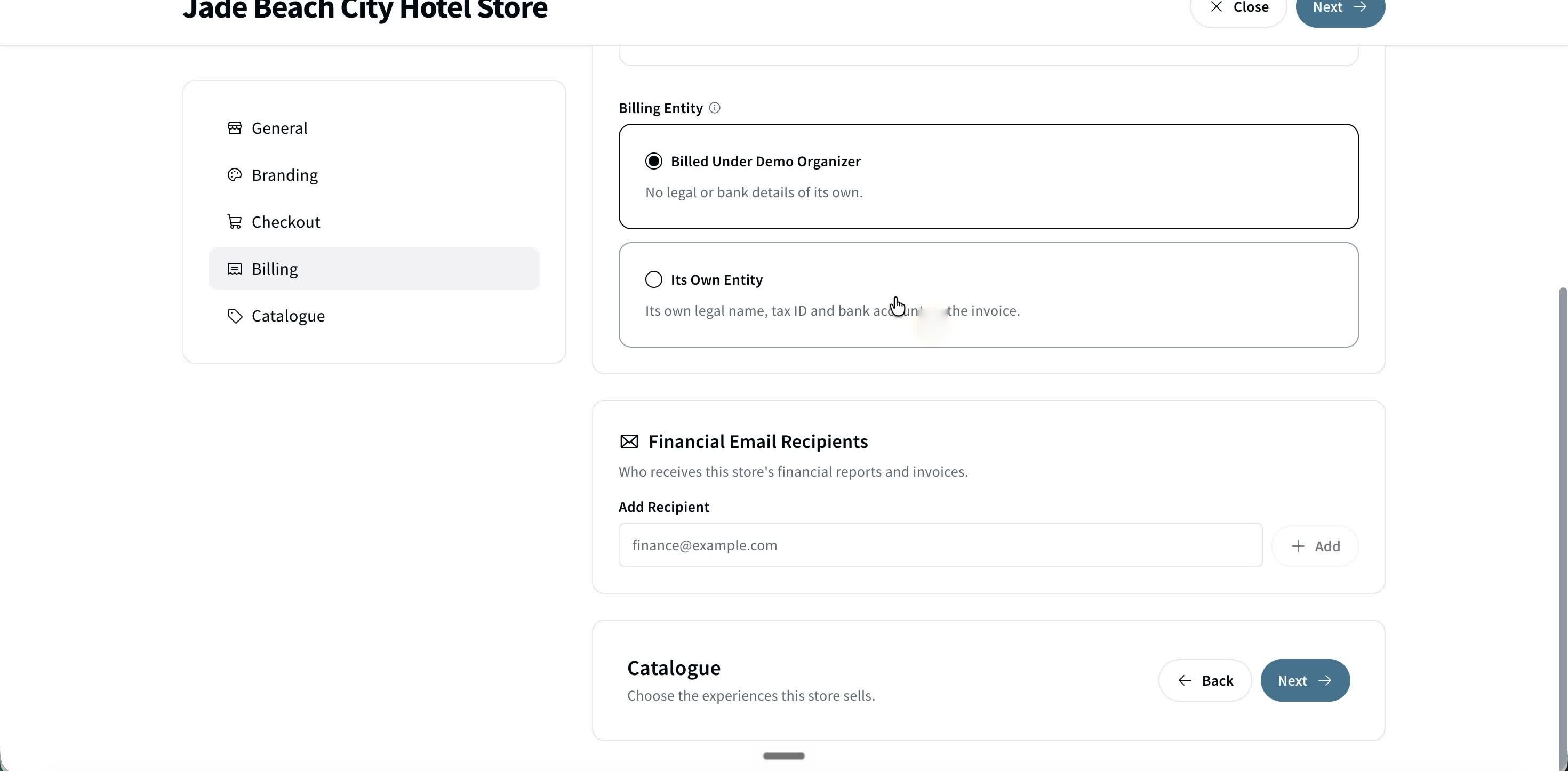 The Billing tab — billing entity and financial email recipients.