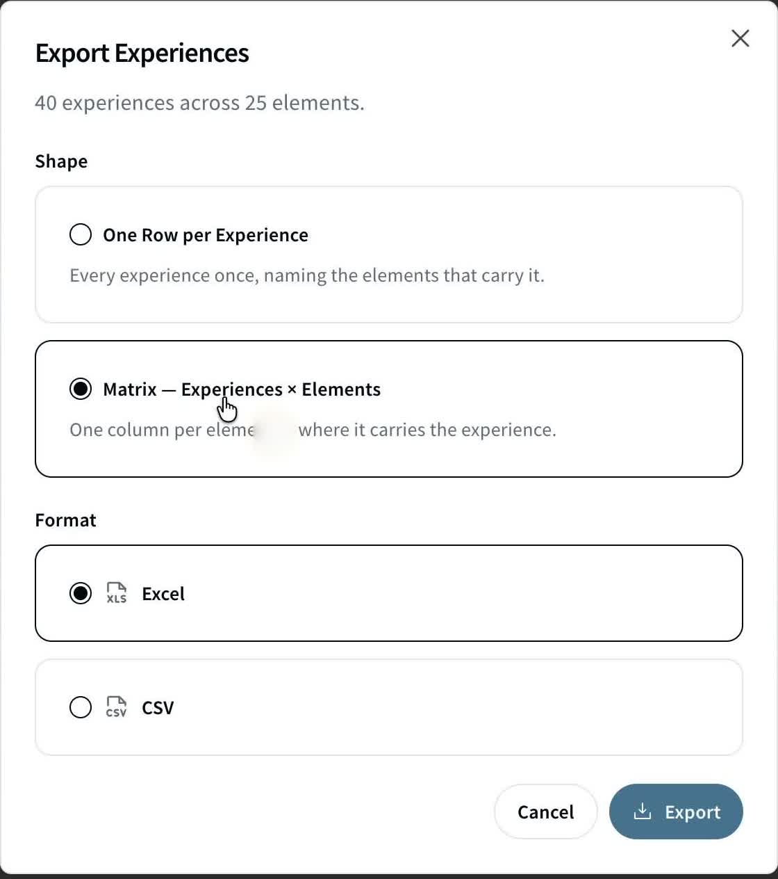 The Export dialog, launched from the Elements page.