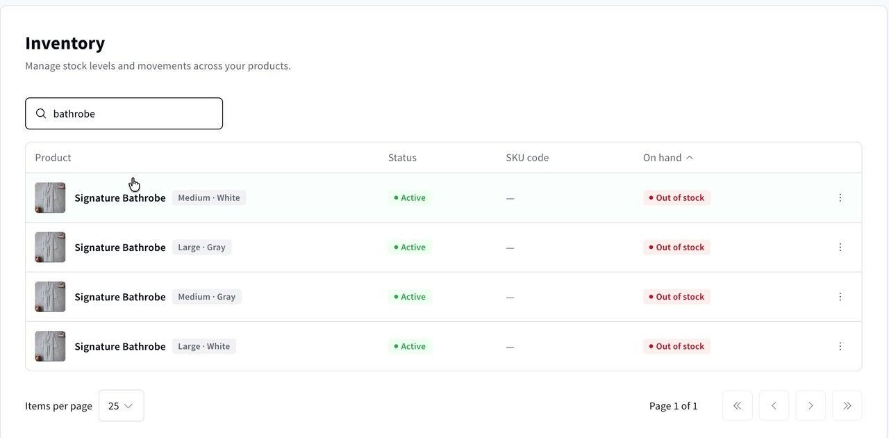 Searching Inventory for a product. Each variant is listed separately.