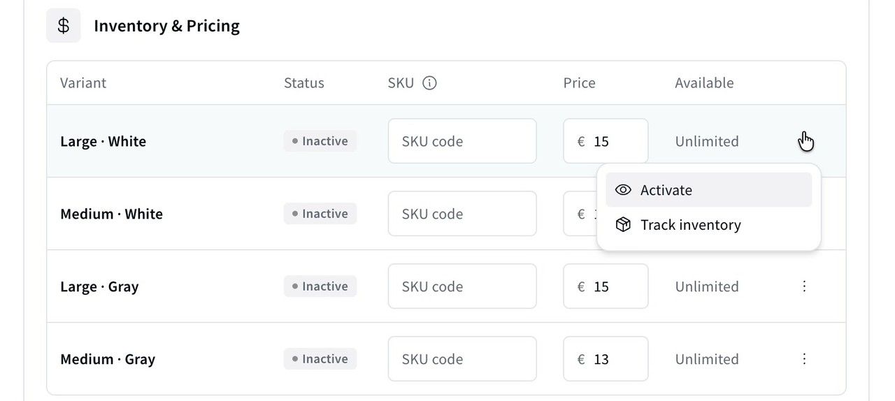 Setting a price per combination, and activating it from the ⋮ menu.