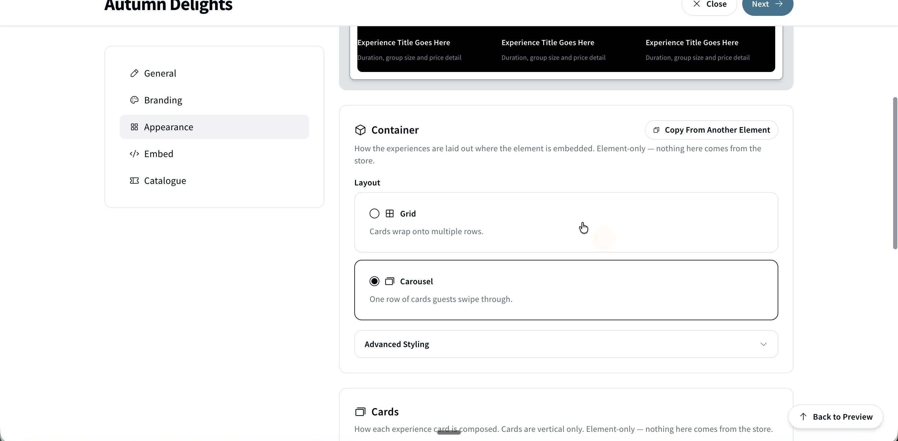 The Appearance tab — Grid or Carousel layout, plus Advanced Styling.