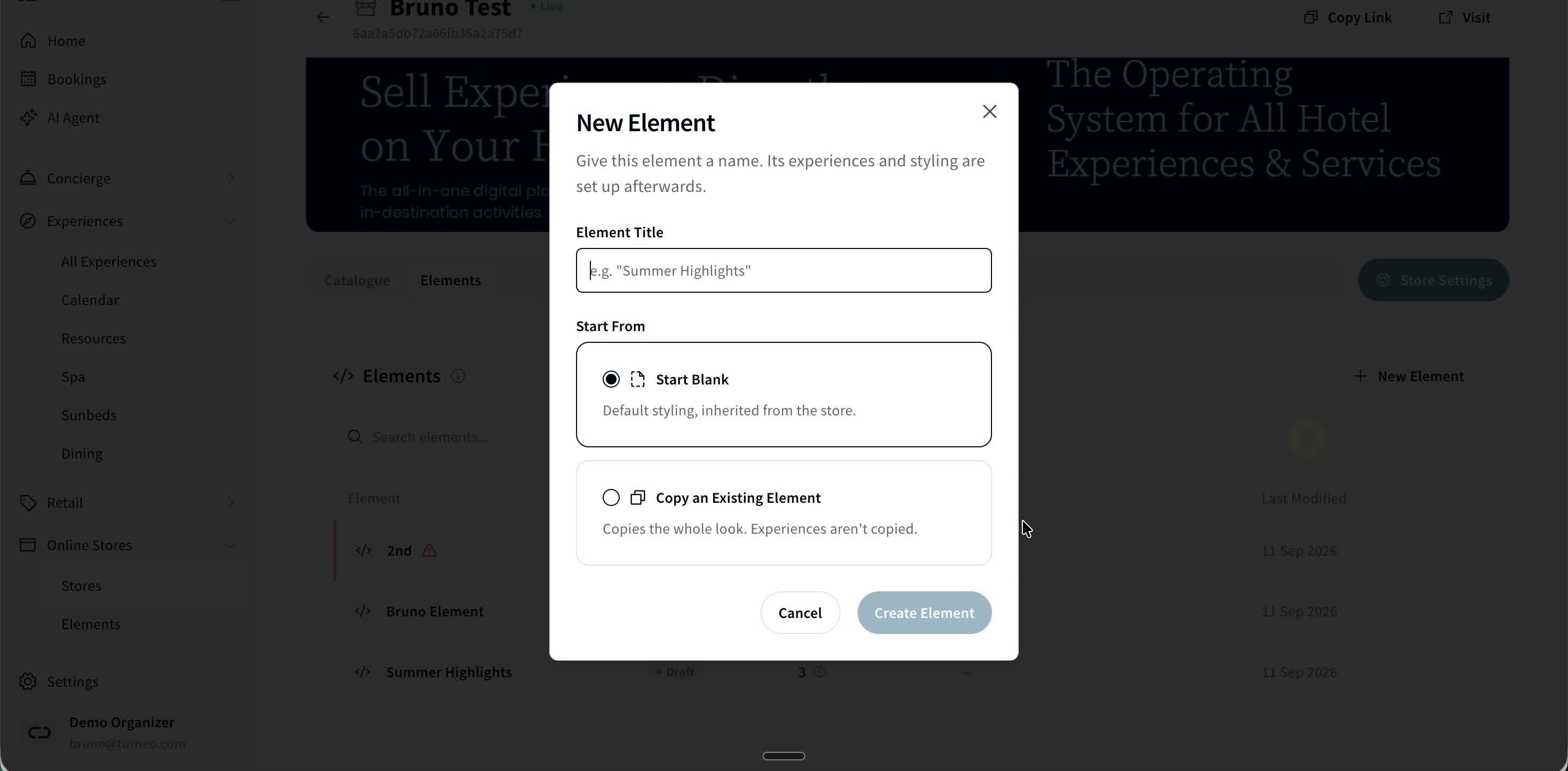 Starting a new Element directly from a Store's Elements tab.