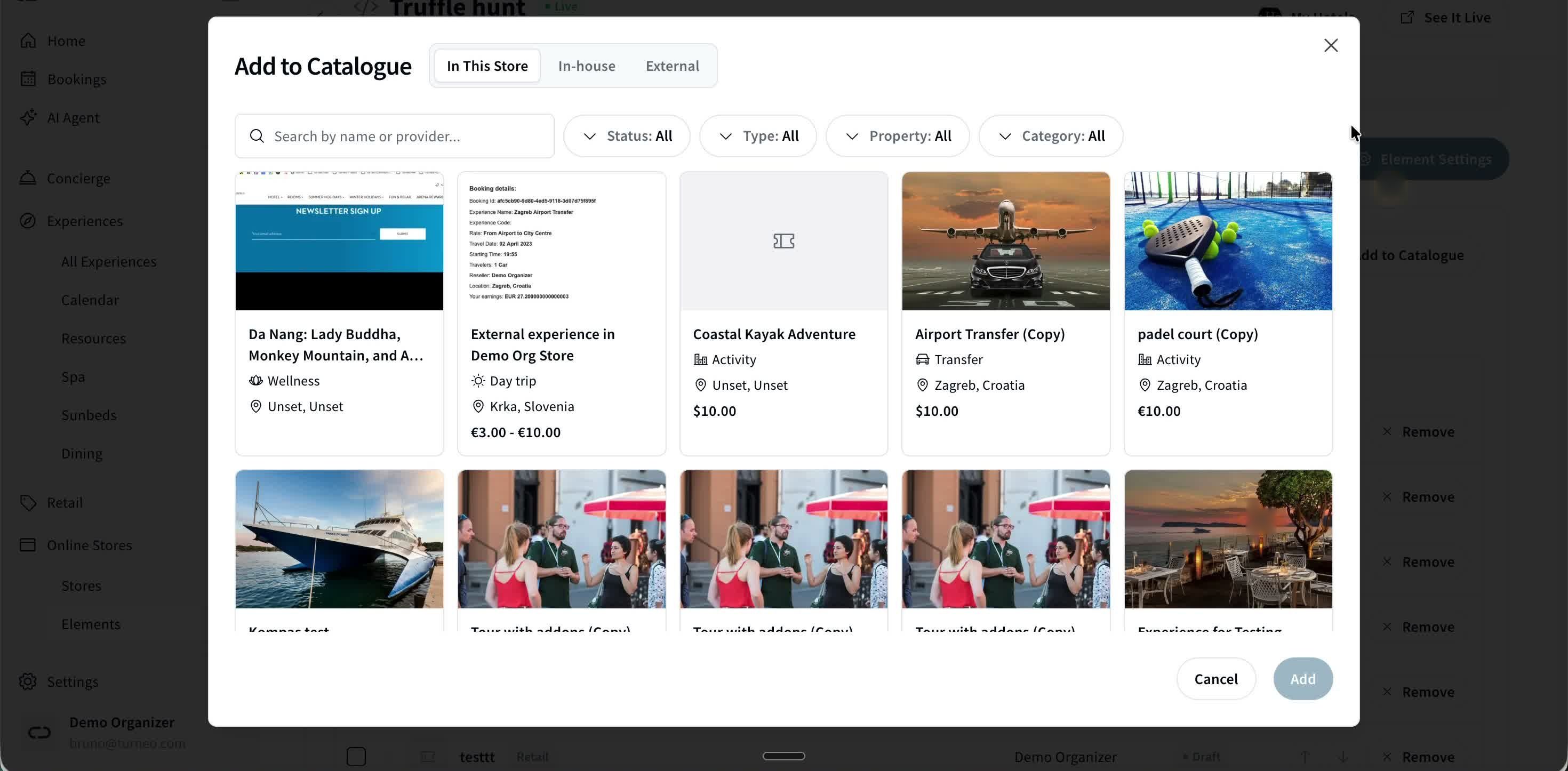 Adding experiences to an Element's catalogue — In This Store, In-house and External tabs.