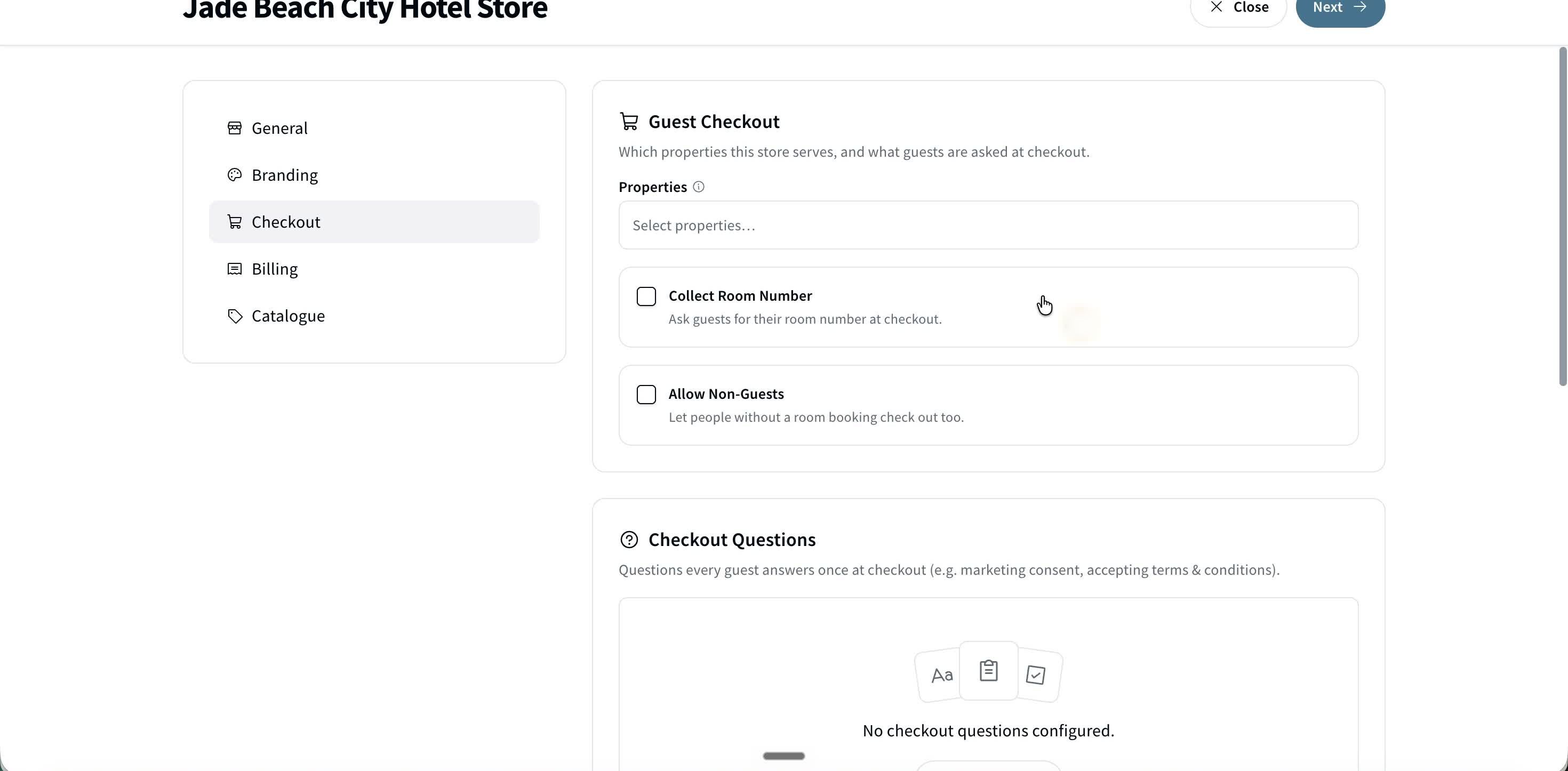 The Checkout tab — guest checkout fields and Checkout Questions.