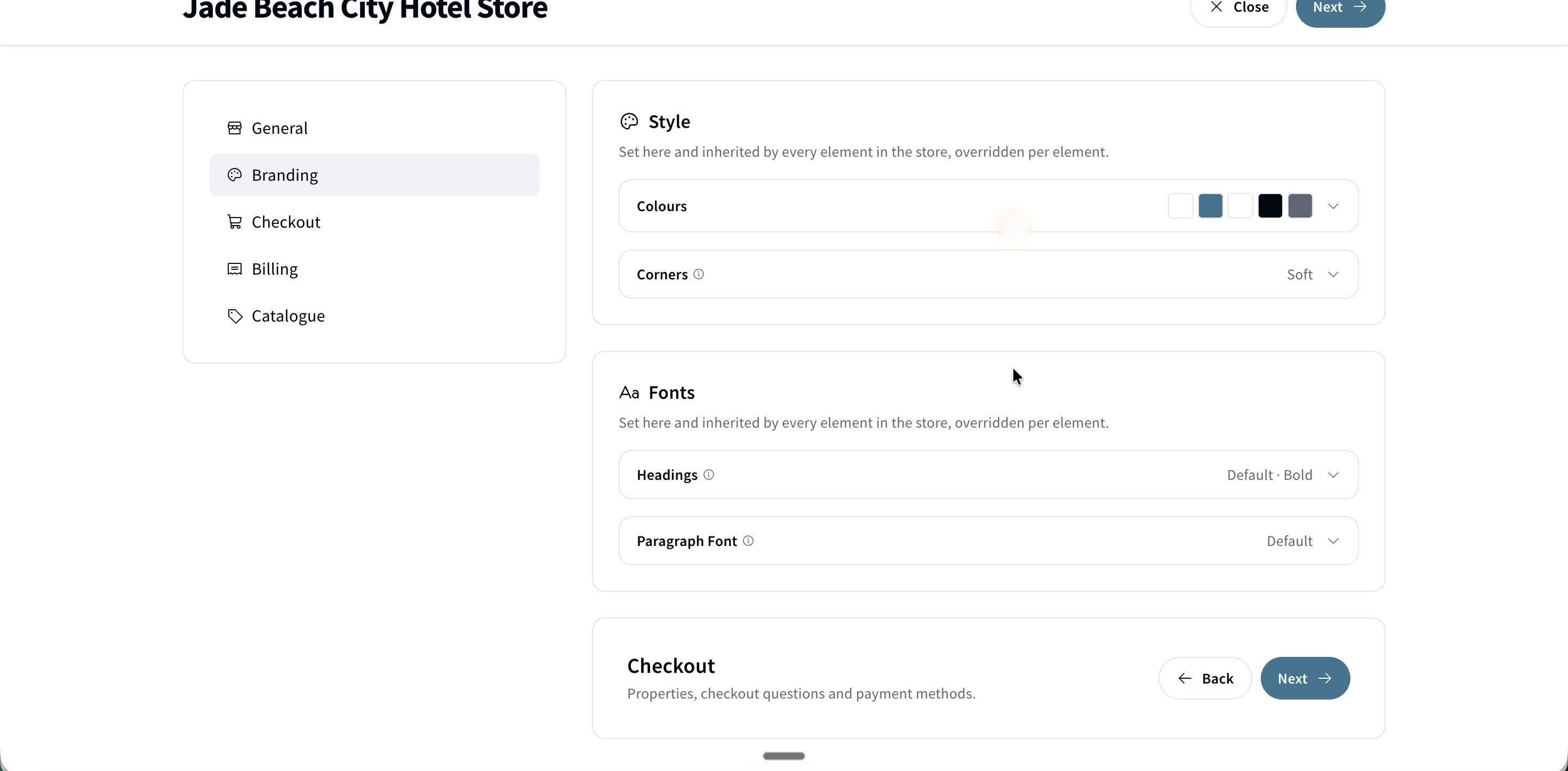 The Branding tab — Style and Fonts sections shown here also apply to the Store's Elements by default.