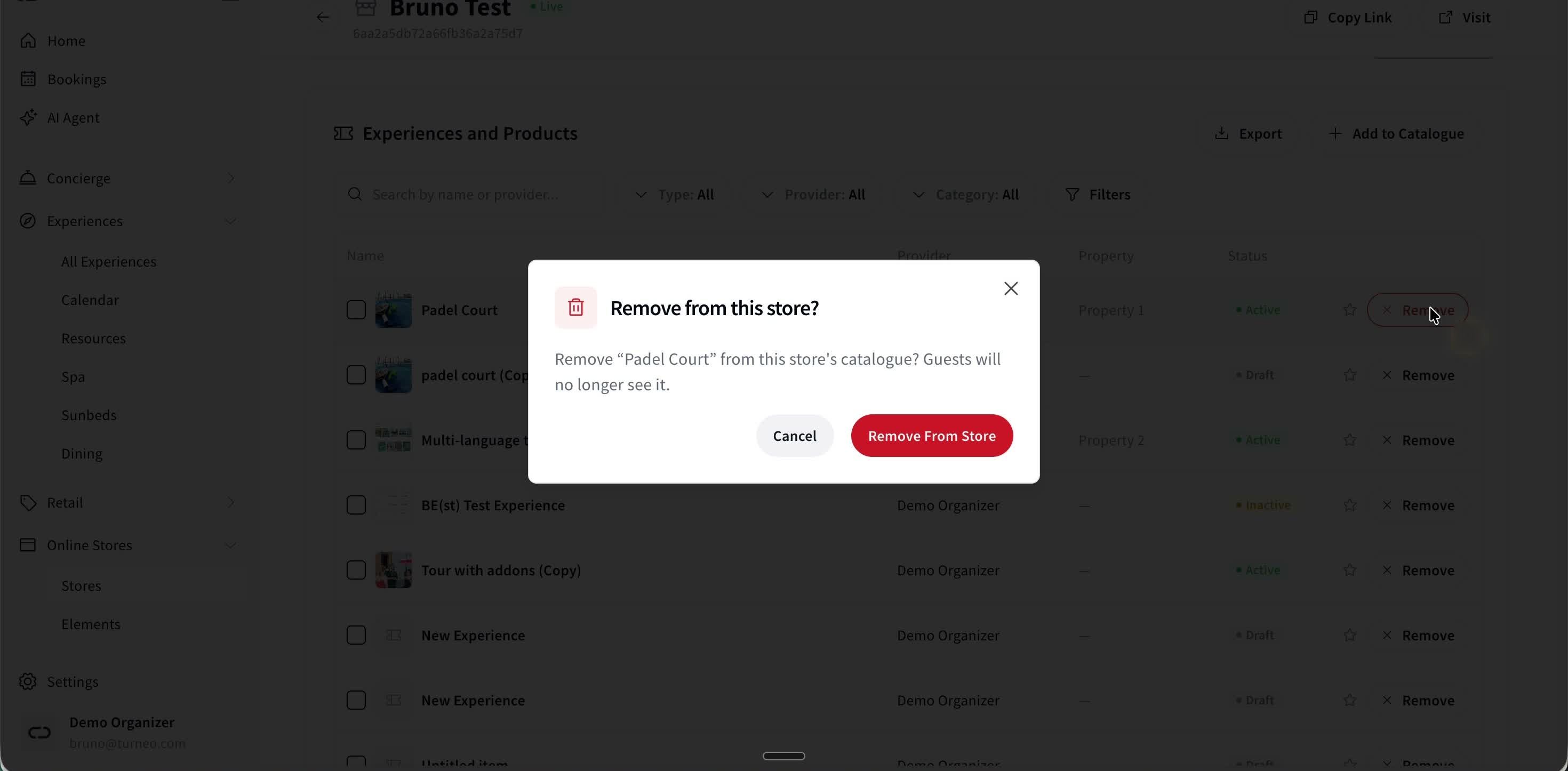 The confirmation you get when removing an experience from a Store's catalogue.