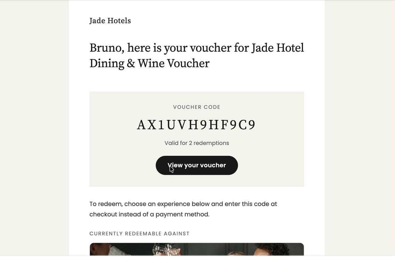 The email the recipient receives, with their voucher code.