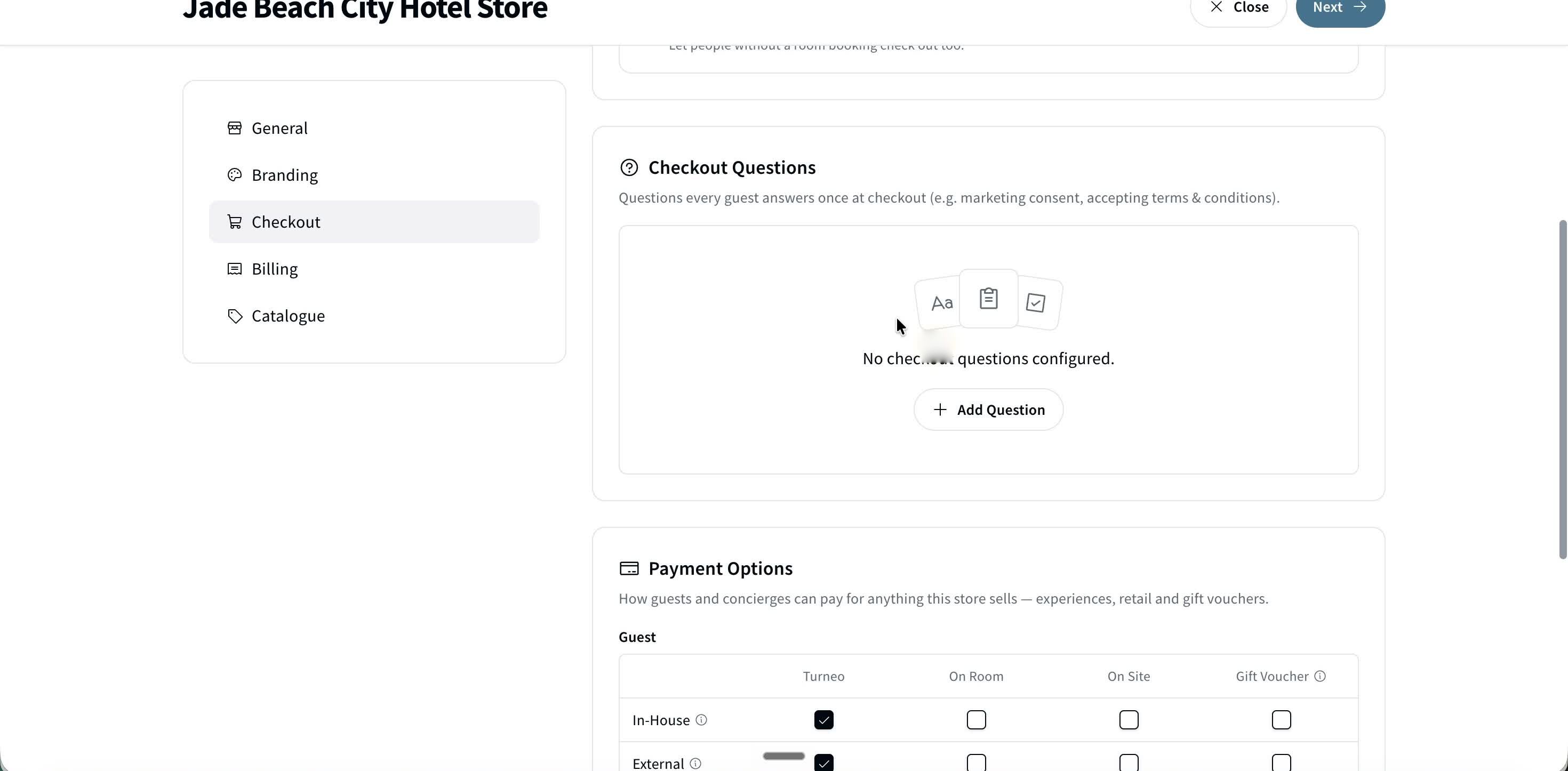 Checkout Questions and Payment Options, further down the same tab.