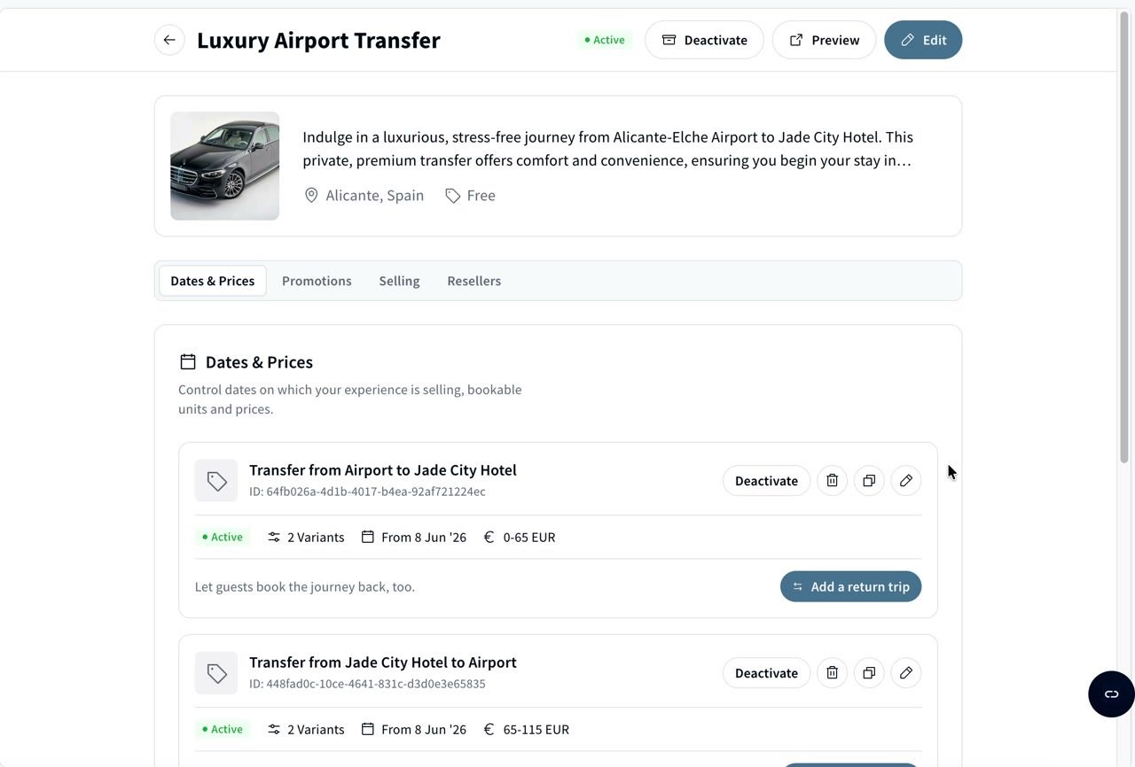 The Add a return trip button on an option card in Dates & Prices