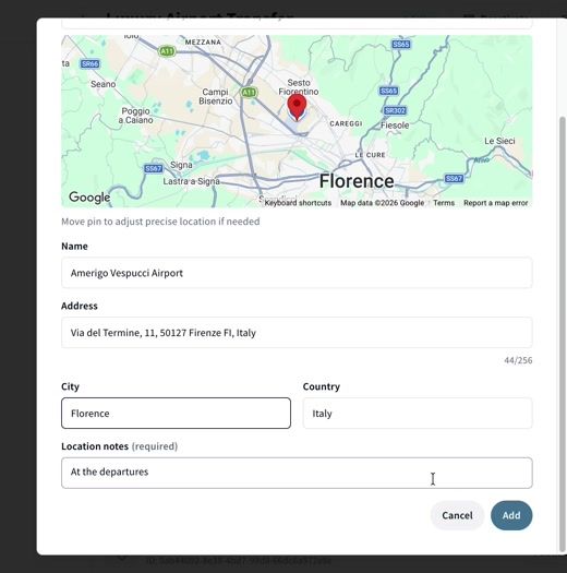 The Add pickup point form for the airport