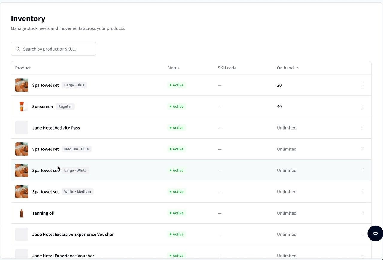 The Inventory page, with stock on hand for each product and variant.