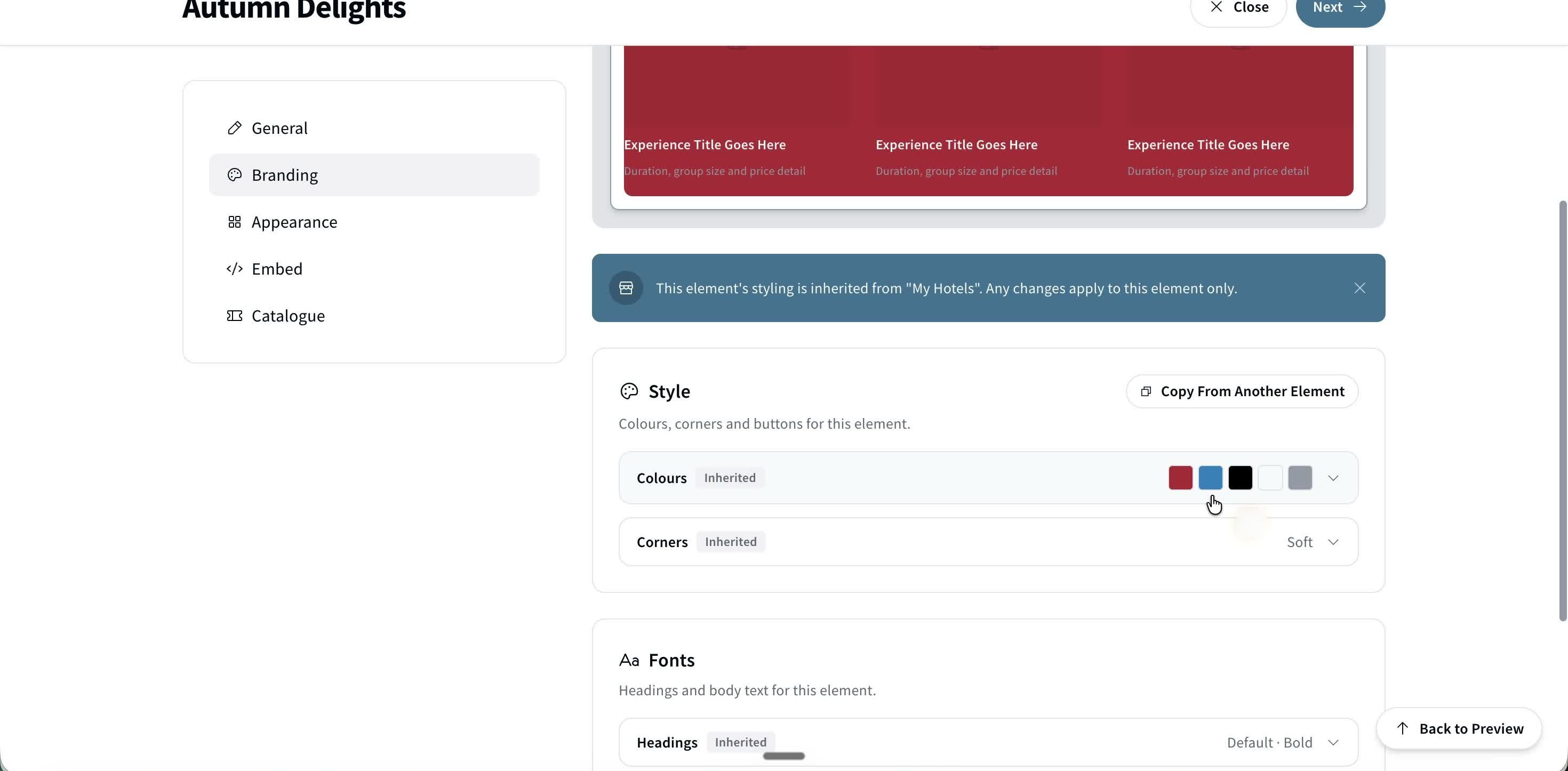 The Branding tab, inheriting colours and corners from the Store by default.