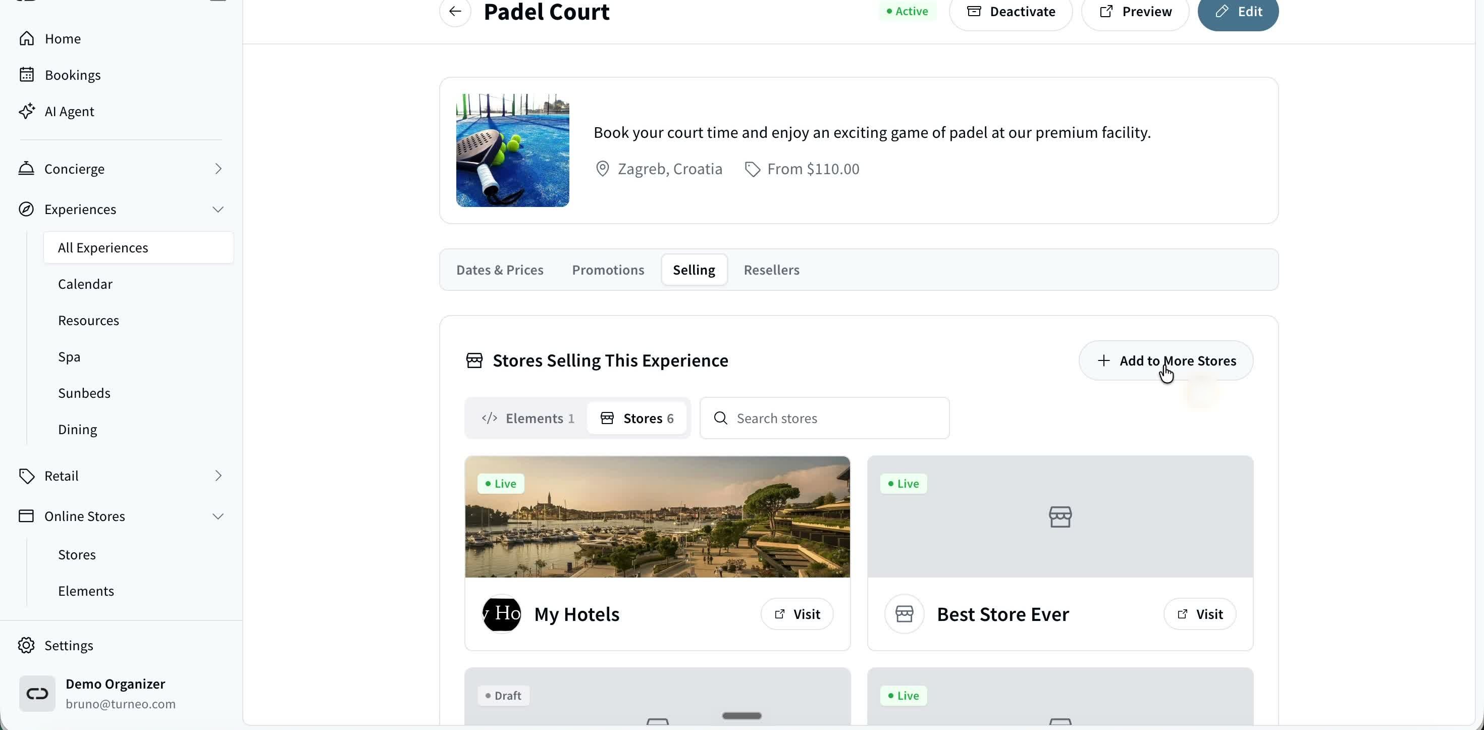 The Selling tab on an experience, with the Add to More Stores button.