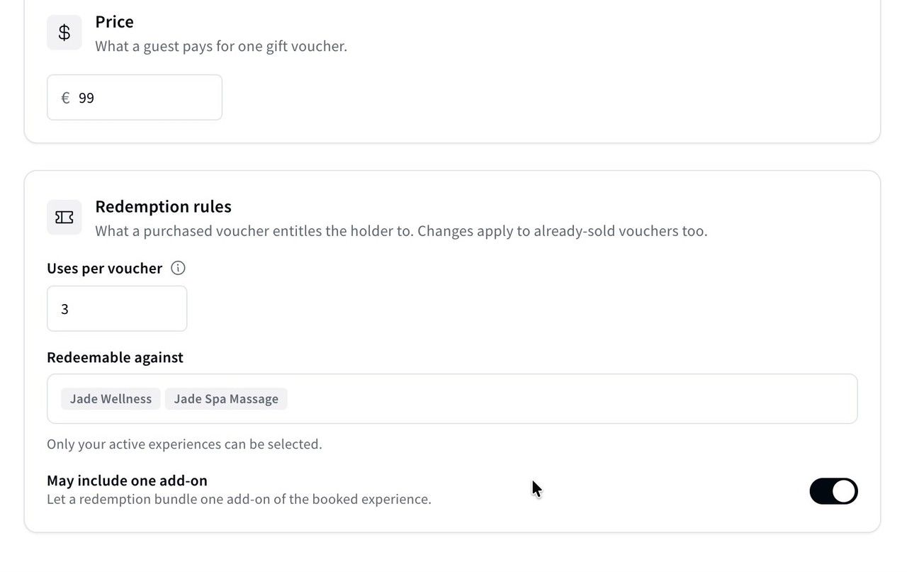 Redemption rules for a voucher: €99, three uses, redeemable against two spa experiences.