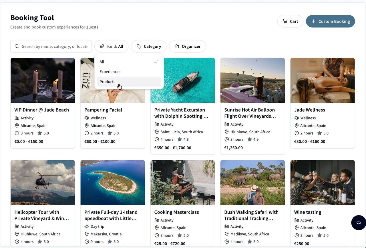 Filtering the Booking Tool to show products only.