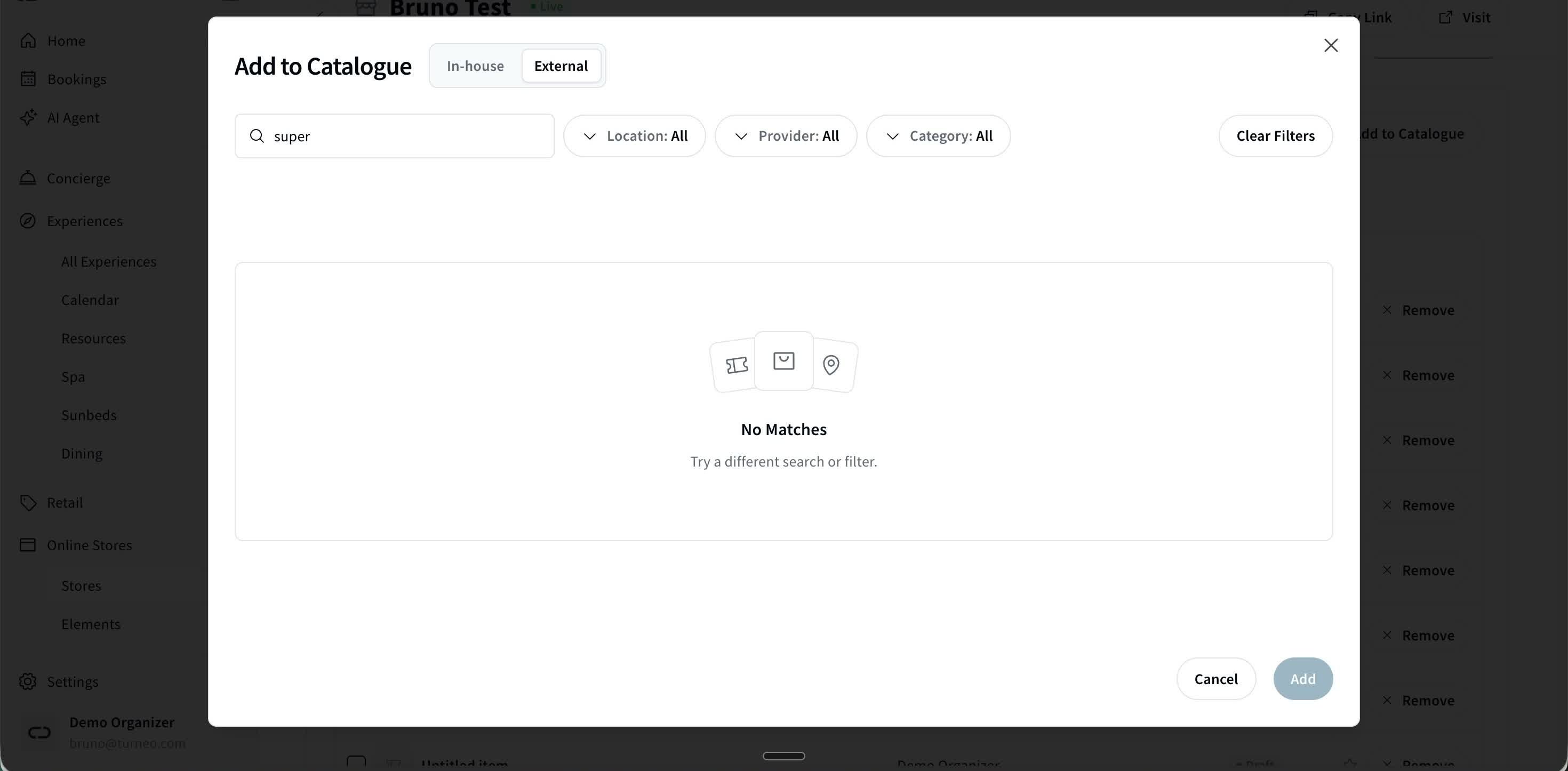 Searching the External tab of the Add to Catalogue dialog — no location needed, just a name or partner.
