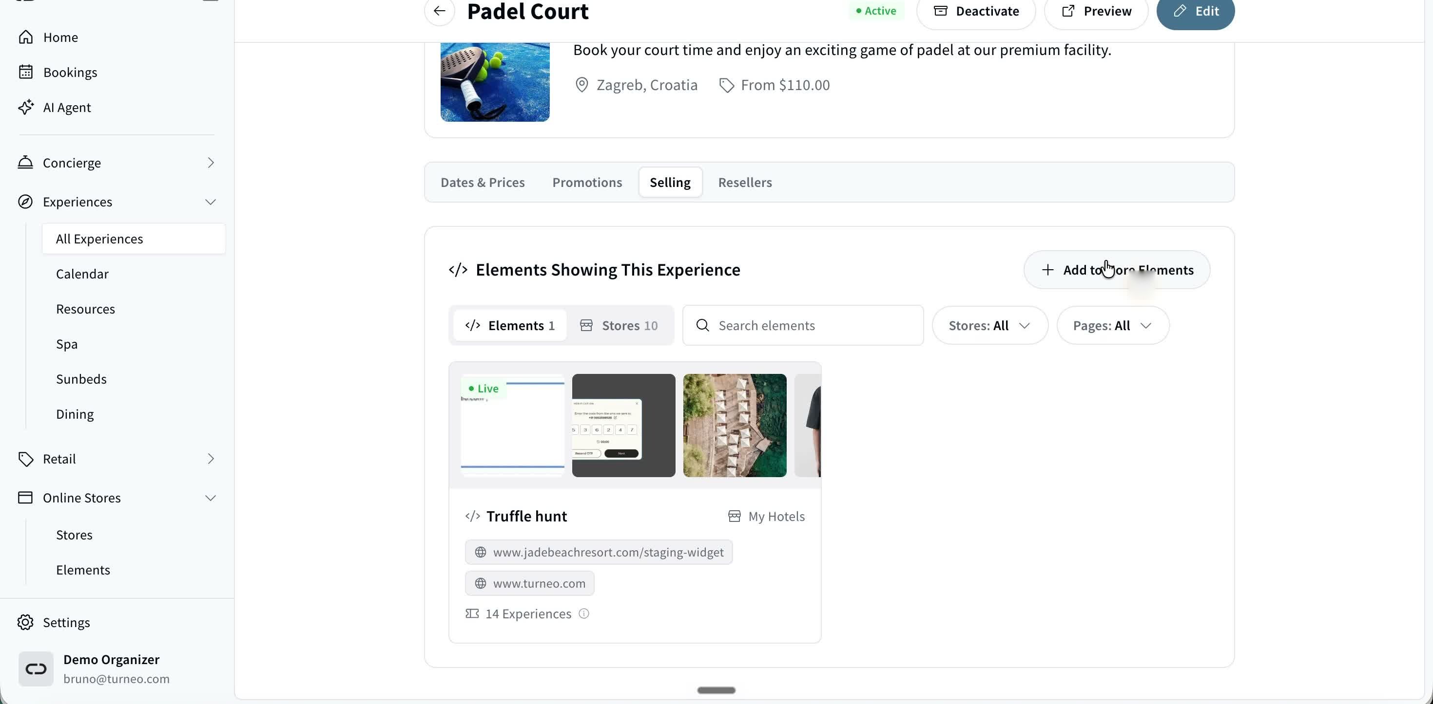 The Selling tab on an experience, with the Add to More Elements button.