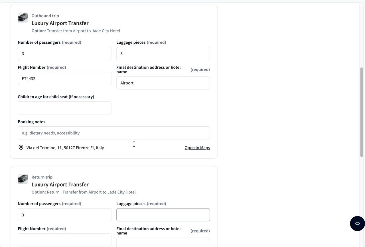 Checkout with separate details for the outbound trip and the return trip