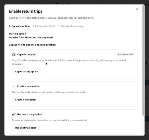 The Enable return trips window showing the three ways to add the opposite option