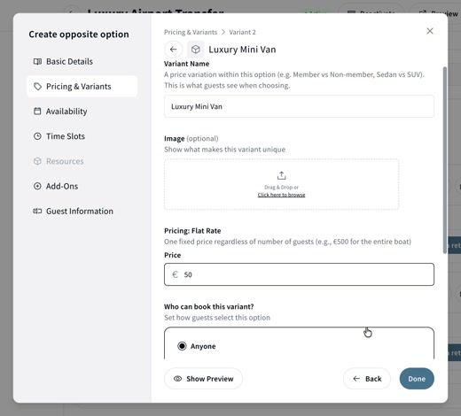 Pricing & Variants with the minivan price changed for the return option