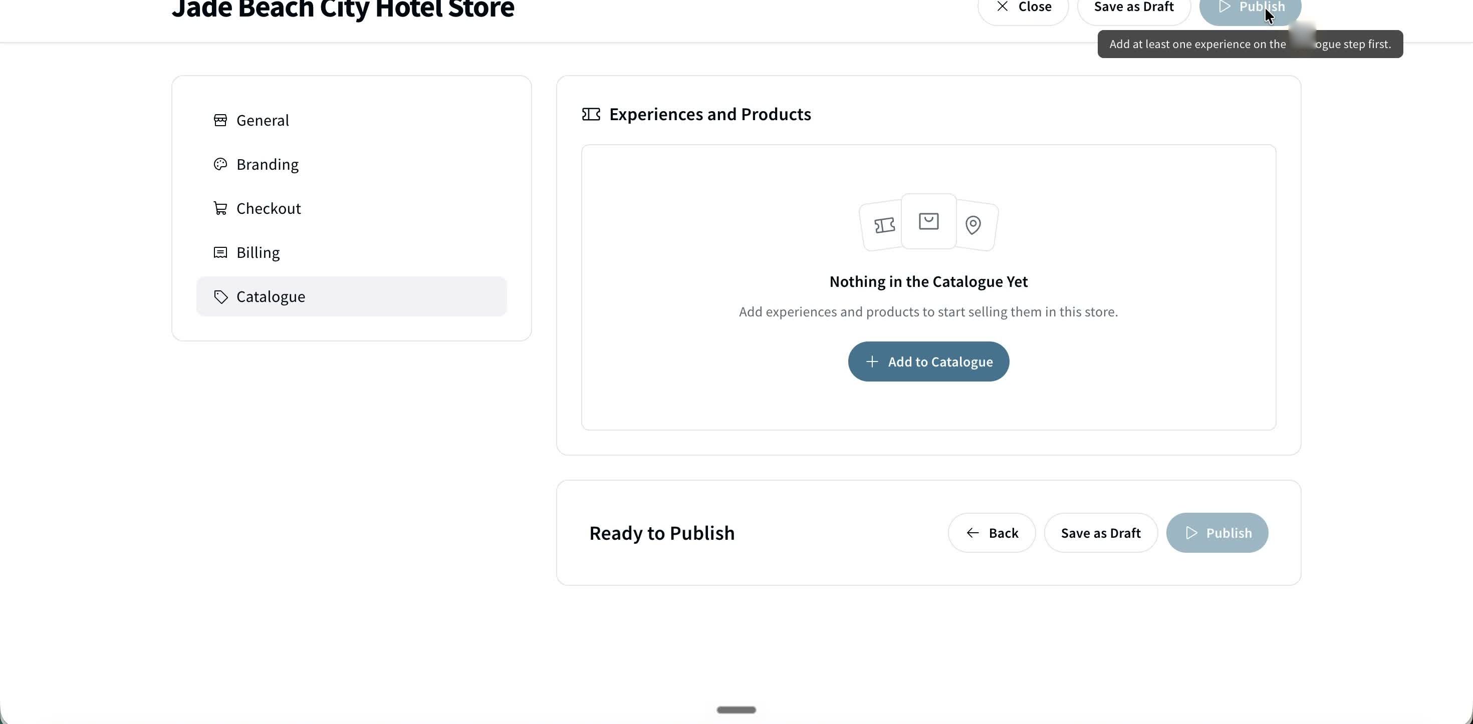 An empty catalogue blocks Publish until you add at least one experience.