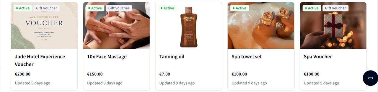 Retail items and gift vouchers side by side on the Products page.