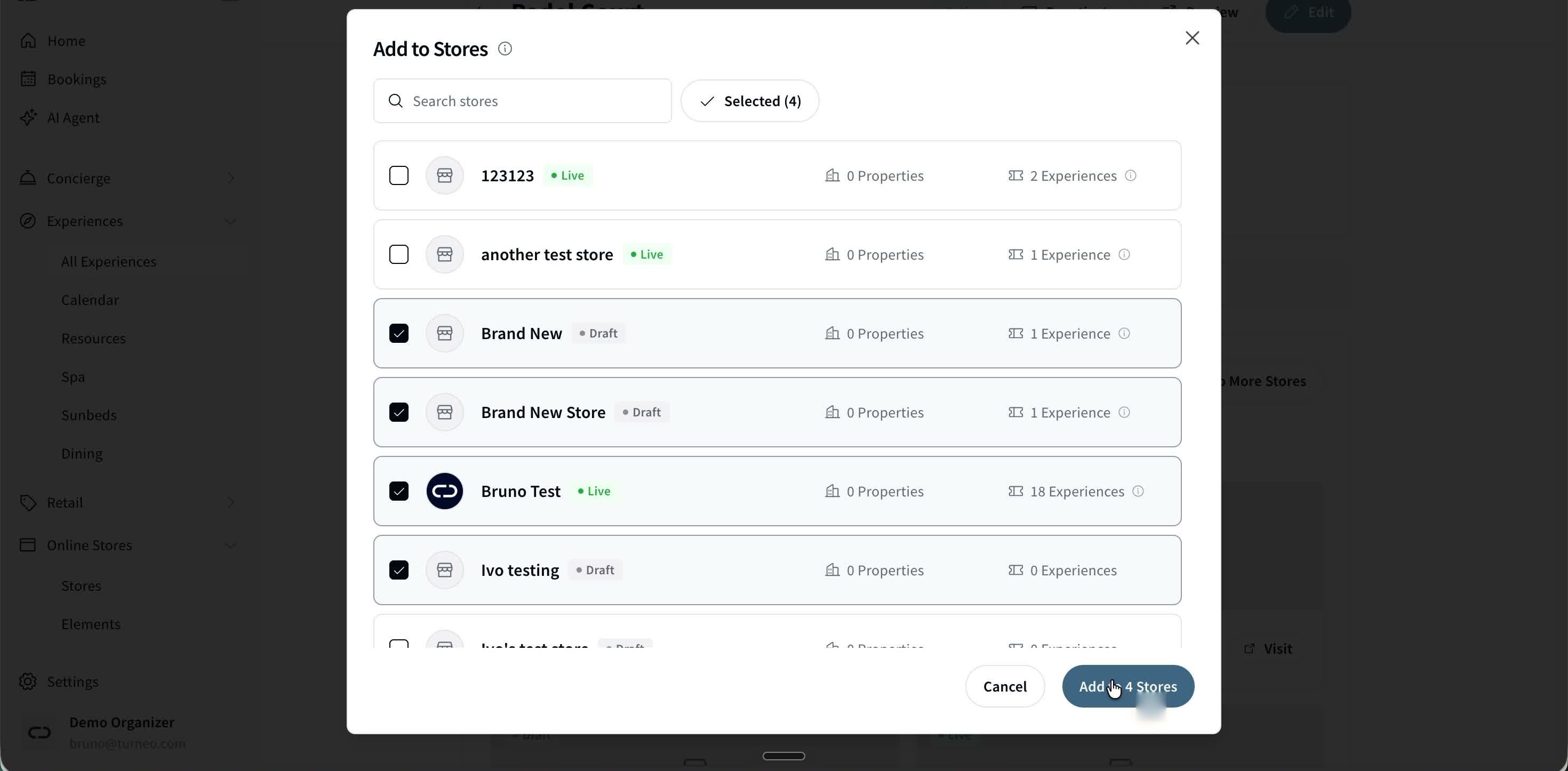 Picking which Store(s) to add the experience to.