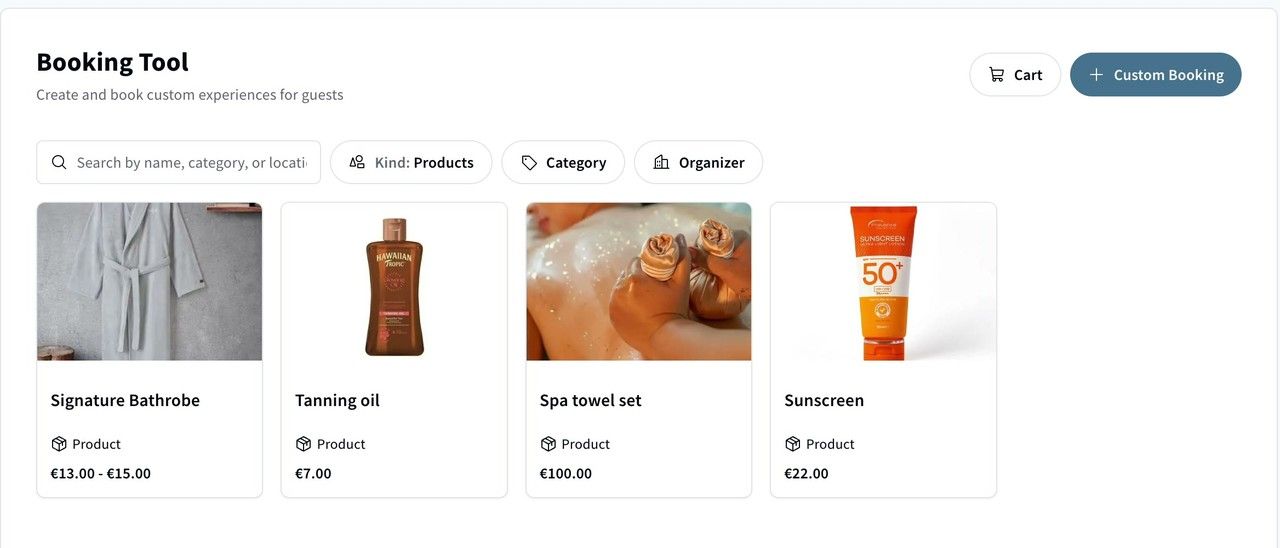 The Booking Tool showing only products.