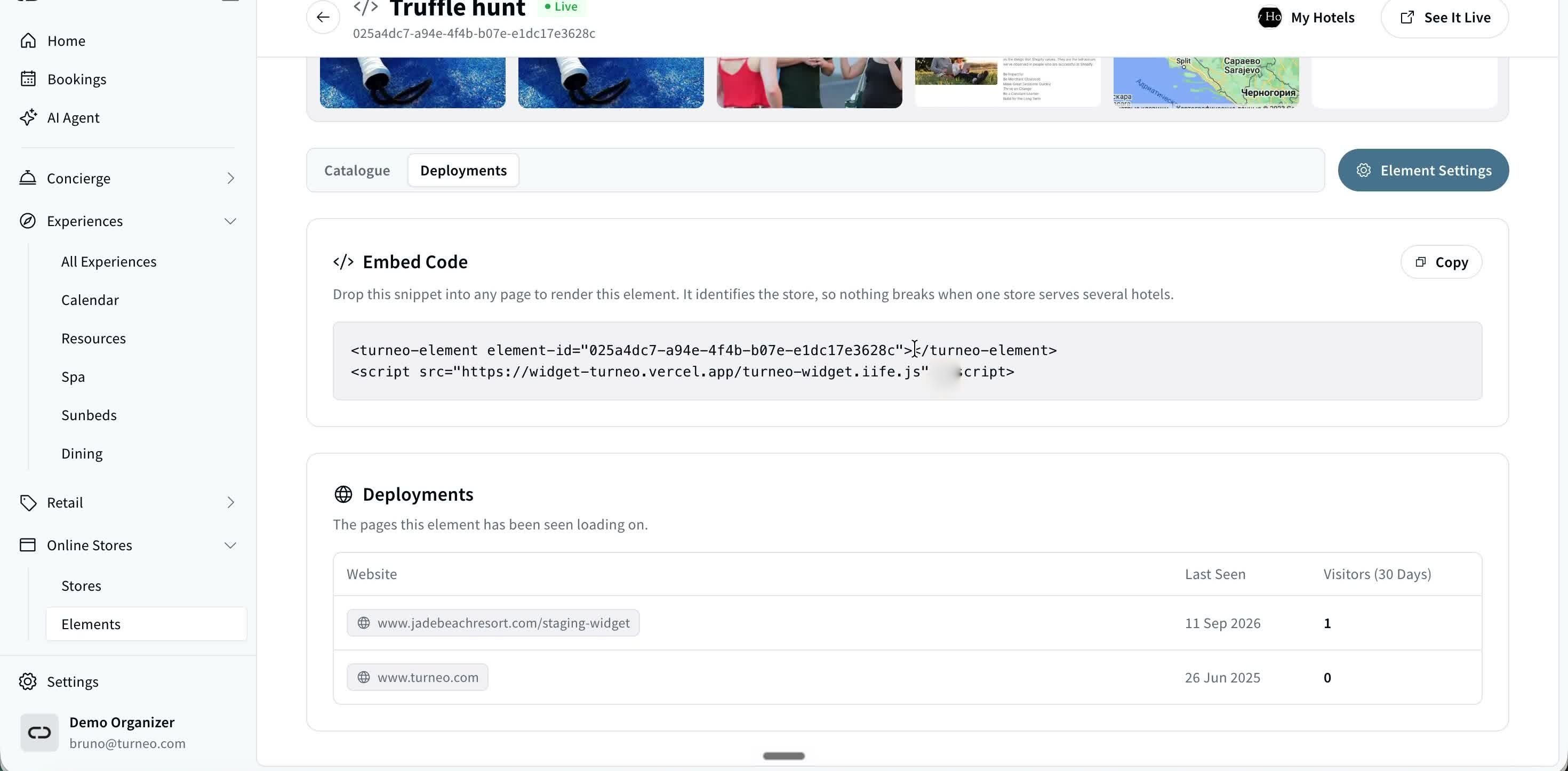 The Deployments tab — embed code, and a table of where the Element is live with visitor counts.