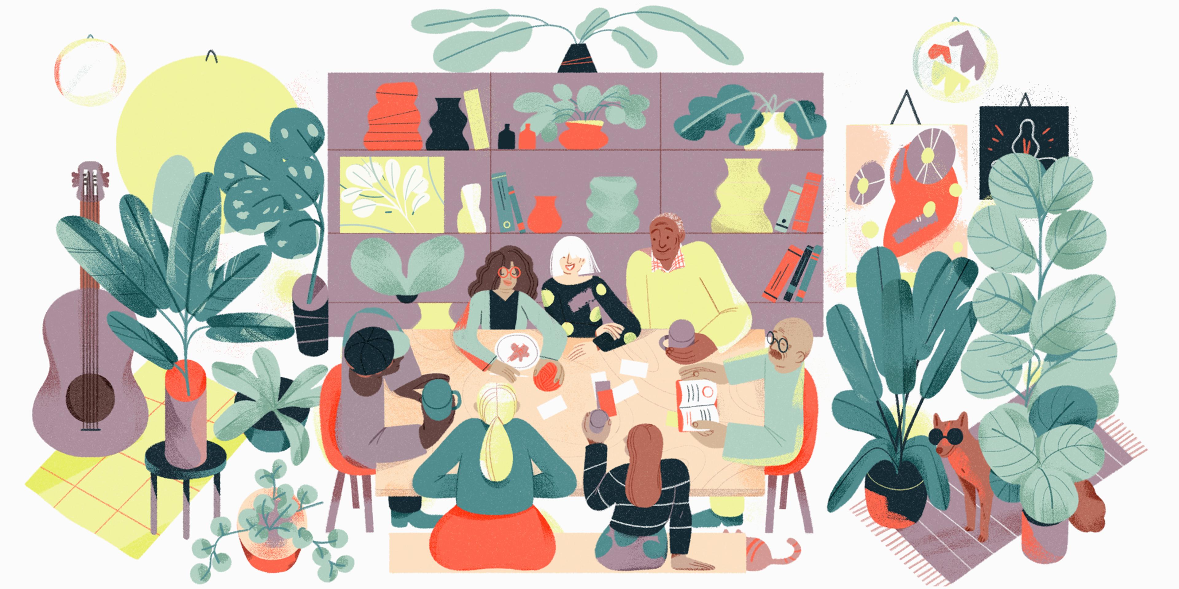 Suivi de groupe à L-Étagère : un groupe de personnes est assis autour d'une table dans la pièce chaleureuse de L-Étagère remplie de plantes, de livres et d'objets décoratifs