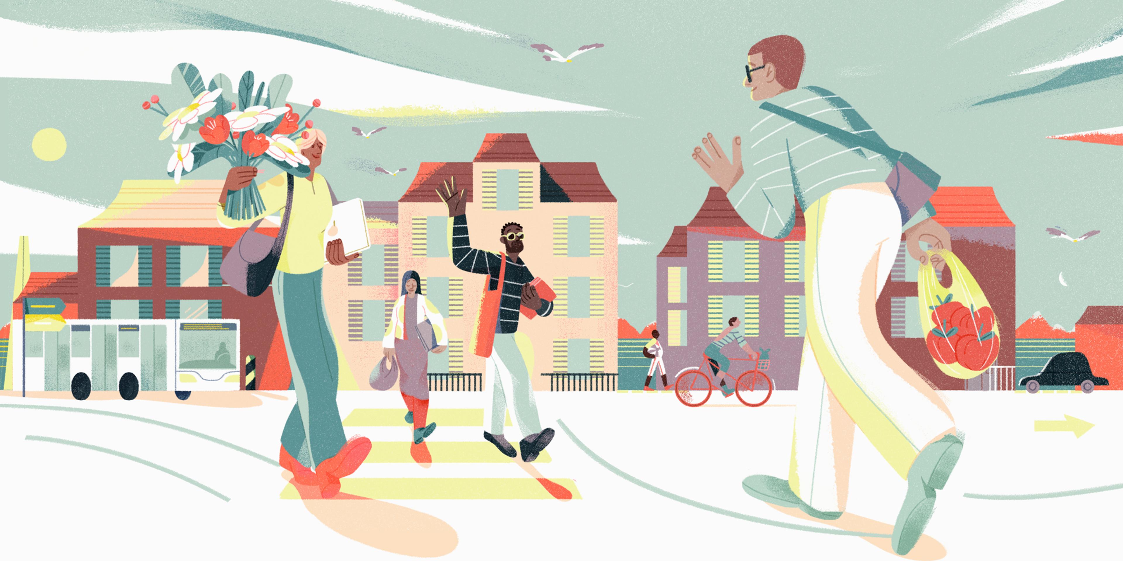 Illustration de personnes vaquant à leurs activités quotidiennes dans une rue de Lausanne suite à un suivi d’ergothérapie en santé mentale, avec des bâtiments, des oiseaux et un ciel dégagé en arrière-plan.